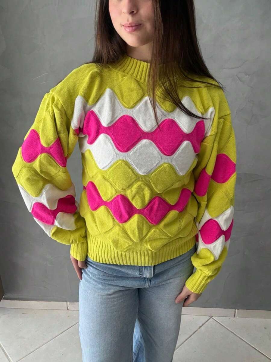 Blusa de tricô colorida para o dia a dia - amarelo neon - Visão 1
