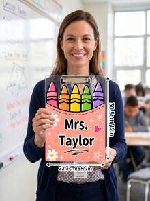 1pc Custom Teacher Name Crayon Bucket Clipboard, Personalized Cute Rainbow Crayon Writing Board, Pastel Pocket Art Clip Board,Teacher Appreciation Gift,Back To School,OfficeDesk Decor,Teacher Gift - Multicolor - View 4