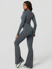 NcmRyu One Set Women's Seamless Ribbed Zipper Mock Neck Long Sleeve Flare Leggings Sports Set - Dark Grey - View 4