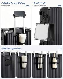 Suitcase With Cup Holder Zip Free Aluminium Frame PC Hard Shell Luggage 20 Inch Cabin 24 Inch Medium 28 Inch Large TSA Lock 3 Piece Luggage Set Black - Black - View 3