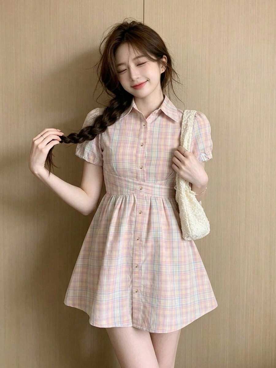 格紋鈕扣前襟襯衫洋裝 粉色優雅夏季款 - 粉色 - 查看 1