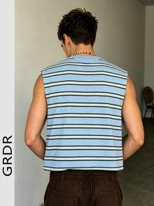 GRDR Minimalist Striped Digital Print Summer Men's Streetwear Casual Fashion Loose Fit Versatile Tank Top - Dusty Blue - View 3