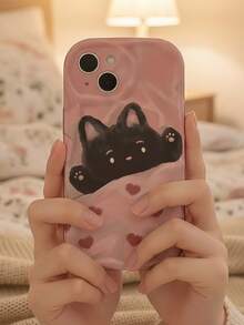 1pc Dopamine Cute Pink Heart Black Cat Wavy Cream Texture Cute Regular Phone Case Compatible With IPhone11/12/13/14/15/16/17/IPhone16/15/14/13/12/11Pro Max XS/XR/X/7/8/Plus IHonor X9c/X9b/X8a/X7b 3D Wavy Vintage White - White - View 2