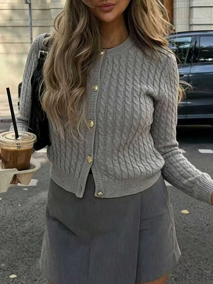 Women's Casual Gray Solid Cable Knit Short Sleeve Cardigan, Gold Button Round Neck Cropped Slim Fit Flattering Vintage Commuter Top - Grey - View 1