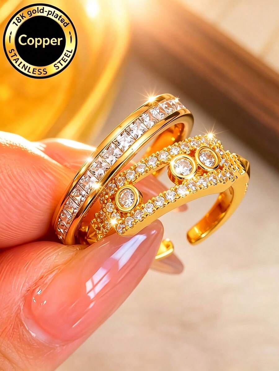 Elegant Gold Stainless Steel & Copper Ring Set, Inlaid Design, Fashionable Suitable For Various Occasions - Gold - View 1