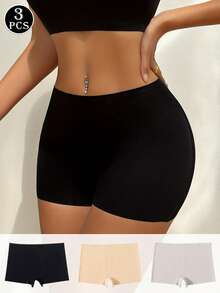 Conjunto De 3 Piezas De Pantalones Cortos De Seguri dad Sólidos Para Mujer, Calzoncillos Tipo Bóxer Transpirables, Elásticos, Cómodos, Sin Costuras (sin Líneas De Bragas Visibles) - Negro+Albaricoque+Gris - Ver 6