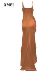 Vestido elegante y sexy con volantes en el bajo y tirantes de espagueti, adecuado para vacaciones de primavera/verano y ropa de playa - Naranja - Ver 2