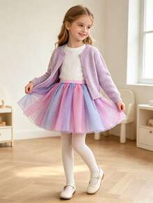 1pc Girls Sequin Skirt, Double Layer Tulle Skirt, Sweet And Cute, For Daily Wear - Multicolor - View 4