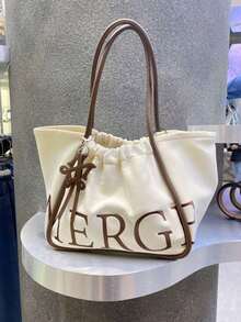 New Fashion Slouchy Style Large Capacity Letter Pattern Decor Design Shopping Bag, Shoulder Handbag, Women's Casual Wallet, Suitable For Commuting, Work, Shopping And Gatherings - White - View 3