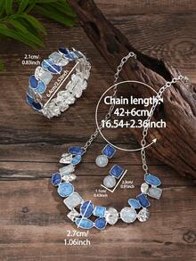 Cring Coco 3Pcs Irregular Geometric Women Blue Enamel Geometric Jewelry Set Chunky Statement Necklace Earrings Cuff Bracelet Boho Color Block Metal Accessory - Geometry 1 - View 3