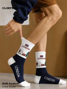 Calcetines de media caña de algodón puro para hombre CLIMPRESSION, con estampado de eslogan deportivo, puño a rayas, calcetines deportivos casuales para la temporada de regreso a la escuela - Azul Marino - Ver 1