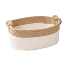 A Hand-Woven Storage Basket, Boho Oval Desktop Organizer Box With Handles, Dorm Room Storage Basket For Cosmetics, Skincare, Toys, Stationery, Study Supplies, Bedroom, Bathroom & Vanity Decor - Camel - View 11