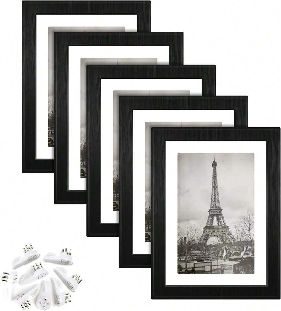 Set of 5 Black 5x7 Photo Frames, Wall or Tabletop Display, Includes Mat for 4x6 Photos - A - Ver 1