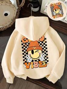 Young Girl Cartoon Print Warm Hooded Sweatshirt - Apricot - View 1