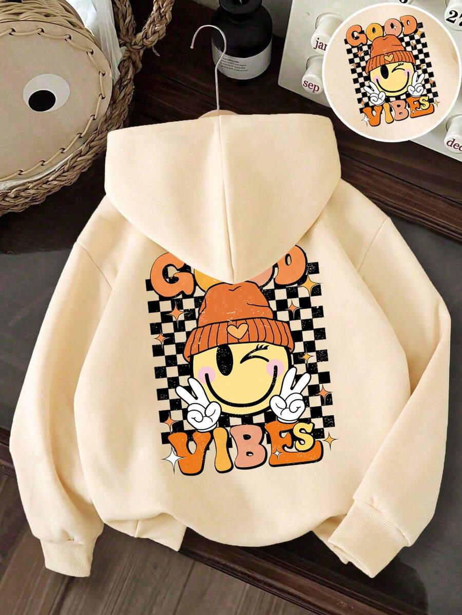 Young Girl Cartoon Print Warm Hooded Sweatshirt - Apricot - View 1
