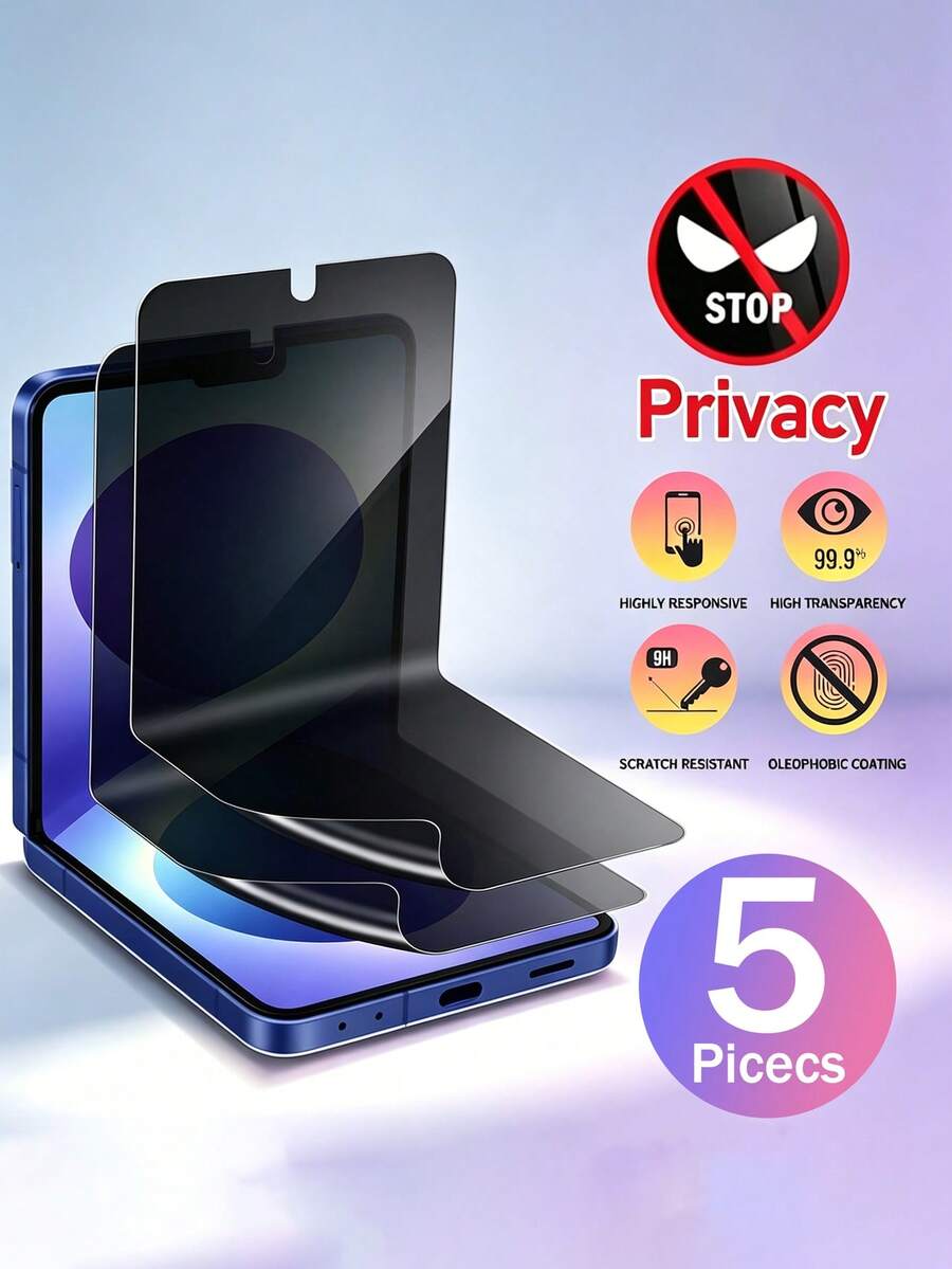 5pcs Hydrogel Privacy Screen Protector, Compatible With Samsung Galaxy Z Flip 8/7/SE/Z Flip 6/Z Flip 5/Z Flip 4/Z Flip 3, Anti-Peeping Soft TPU Screen Protector (Non-Tempered Glass) (Supports Face Unlock) - 5 Pieces - View 1