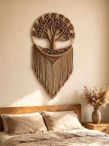 1pc Tree Of Life Macrame Wall Hanging,Chic Handmade Woven Boho Home Decor,Eclectic Wall Decor For Bedroom Apartment Dorm Decoration,Gift For Teen Girl Mom - milk coffee color - View 3