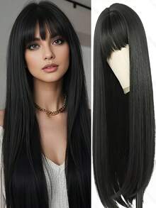 Women's Long Black Straight Wig, Dark Color For Daily Wear, With Bangs, Heat-Resistant Fiber, Natural Hair Texture, Halloween - Black - View 1