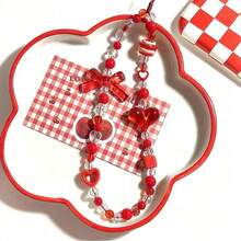 1pc Cute Y2K Red Bow Heart Beaded Phone Wrist Strap Lanyard, Transparent Crystal Bead Phone Charm, Bag & Key Pendant, Gift For Women & Teenage Girls (Hot-Selling, May Use Random Beads Instead) - Red - View 5