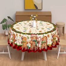 1/100pcs Christmas Theme Polyester Tablecloth (Round: 145cm Diameter) Holiday Tablecloth, Pattern With Gingerbread Man, Christmas Wreath, Suitable For Family Gatherings, Fits Dining Table, Kitchen And Living Room - Multicolor - View 5