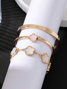 3pcs Luxury Elegant Classic Versatile Summer Vacation Vibe Soft White Clover Women's Bracelet Set - Yellow Gold - View 4