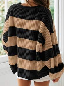 Women's Plus Size Striped Knit Pullover Sweater, Loose Long Sleeve Drop Shoulder Ribbed Crew Neck Top, Autumn Essential - Black and Khaki - View 3