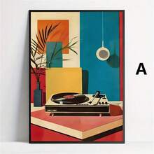 1 pieza Póster de arte de pared de tocadiscos de estilo moderno de mediados de siglo - Tema musical, estilo vintage y art decó, póster de lienzo, adecuado para decoración del hogar, oficina, sala de estar, dormitorio, decoración interior, estilo de pintura de lavado de tinta, primavera/invierno - Multicolor - Ver 12