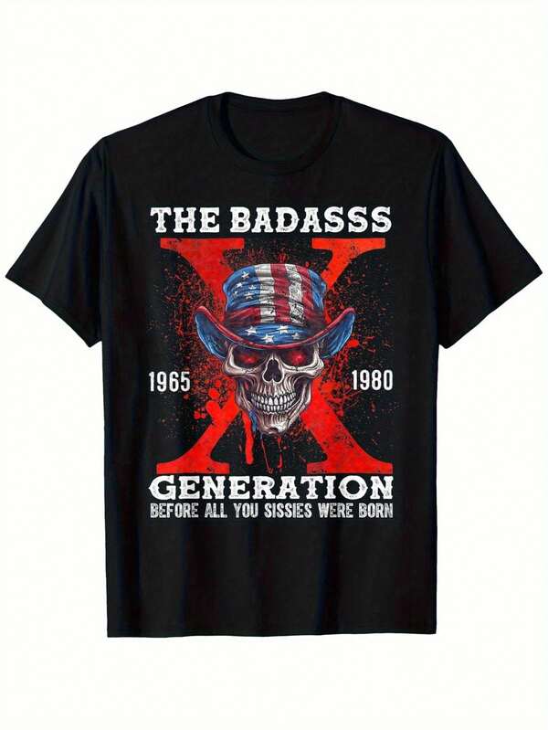 Vyriški sunkiasvoriai 100 % grynos medvilnės vintažiniai X kartos marškinėliai – "Vintage1980". Vintažiniai "Hard-Core Generation" marškinėliai su kaukole ir Amerikos vėliava.