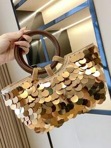 Sequin Ring Handle Evening Clutch, Shiny Sequins, Wooden Round Top Handle, Portable Handbag, Luxury Fashion Party Women's Style, Suitable For Weddings, Nightclubs, Outings - Gold - View 6