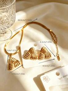 European And American Luxury Wrapped Triangle Stainless Steel Jewelry Set, Waterproof, Sweat-Proof, Hypoallergenic, 3D Twisted Texture Triangle Earrings And Snake Bone Necklace, Graduation Season, Photo Shoot, Vacation, Layered Wear, Atmosphere Set, Summer Beach, Music Festival, Vacation, Eye-Catching Atmosphere Accessory - Multicolor - View 2