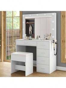 FUSOU 37" LED Makeup Vanity Desk With Mirror, Power Outlet & USB Ports, 3 Dimmable Lights, 5 Drawers, Glass Top & Stool, White - White - View 3