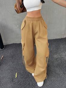 Women's Solid Color Elastic Waist Pocket Casual Versatile Daily Wear Cargo Pants - Khaki - View 3