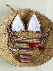 Fashion Women's Vintage Gradient Color Block Striped Bikini Tie-Up Sexy Two Pieces Swimsuit, Vacation Style, Spring/Summer 2026 - Multicolor - View 3