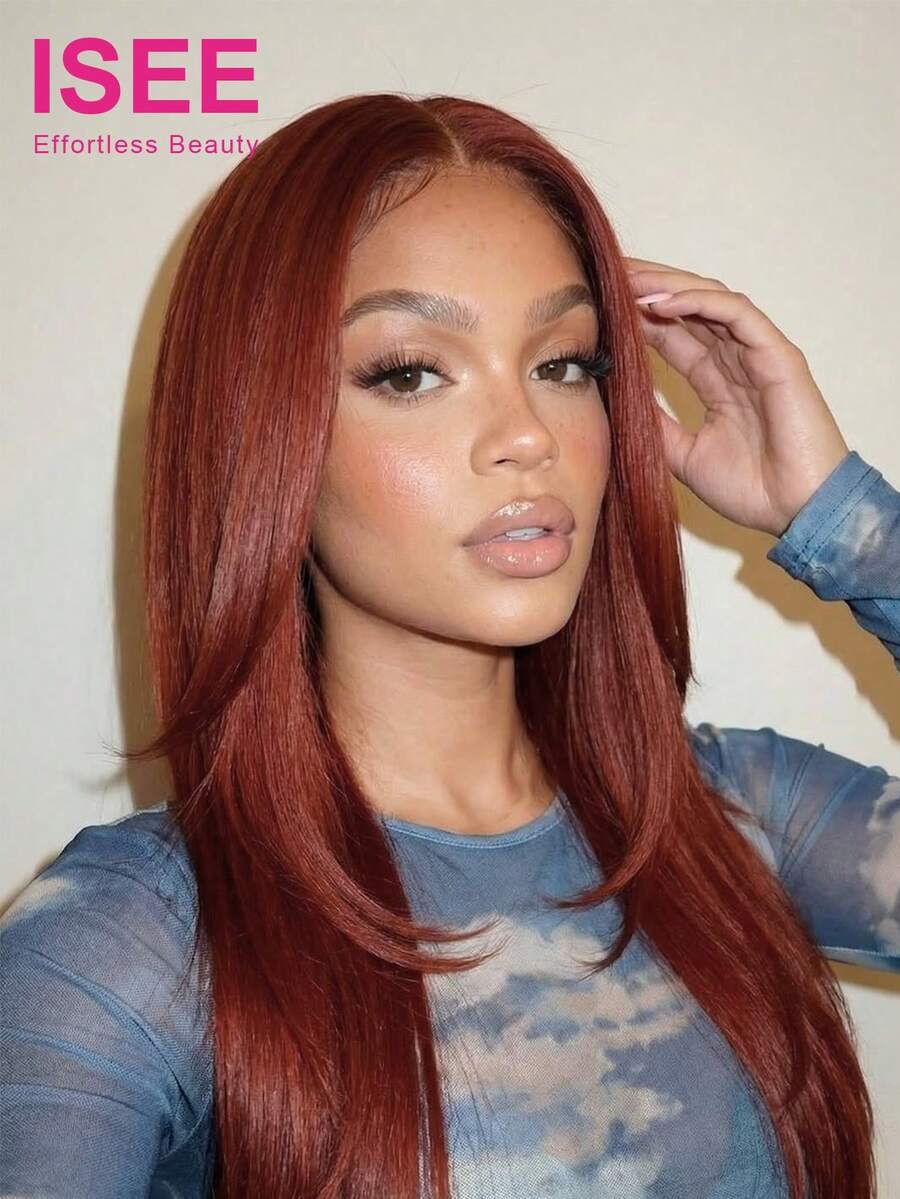 ISEE HAIR Reddish Brown Color Wear Go Straight Layer Pre-Cut Glueless Lace Wig 7*5 Transparent Lace Pre-Plucked Hairline 180% Density 16-24 Inch Real Human Hair Daily Use For Women - S33D - View 1