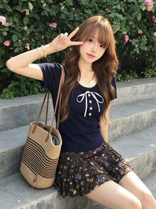 新品修身對比色 2 合 1 甜美短袖 T-shirt 上衣 休閒夏季款 - 藏蓝色 - 查看 4