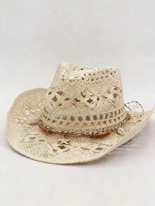 1 قطعة قبعة باناما من القش بلون موحد مزينة بالخرز بتصميم مجوف بوهيمي، قبعة شمسية كاجوال واقية وزخرفية، عصرية ومتعددة الاستخدامات، مناسبة للأنشطة الخارجية وجميع الفصول - A - مشاهدة 4