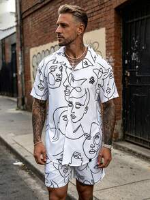 Men's 2pcs Set Abstract Face Line Art Print Sketch Short Sleeve Shirt, Summer Streetwear Fashion Graffiti Style - White - View 2