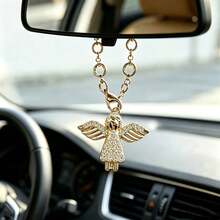 1pc Shiny Rhinestone Guardian Angel Car Steering Wheel Decor, Car Rearview Mirror Hanging Ornament, Sparkling Crystal Inlaid, Fashionable Exquisite Elegant Car Interior Decoration, Protects Your Every Journey, Bag & Key Pendant - A - View 3