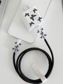 5pcs Painted Black Butterfly Design Phone Charger Set, Compatible With IPhone 18W/20W Charger, Charging Cable Protector, Charging Head Protector, Charger Accessories, Anti-Dirt, Prevent Cable Ends From Breaking - Black - View 6