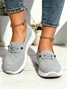 Breathable Slip On Knit Mesh Women Walking Shoes, Lightweight EVA Sole Casual No Lace Sneakers For Daily Walking - Grey - View 3