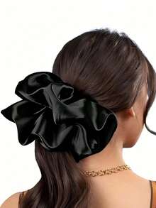 XXL Black Satin Silk Hair Scrunchie, Suitable For Girls And Women Daily Wear, Can Be Paired With Headscarf Accessories - Black - View 2