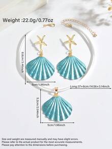1套3件裝甜美海洋海灘度假風藍色油滴創意幻彩海星與貝殼吊墜耳環項鍊套組，適合女性日常、度假、派對穿著 - 藍色 - 查看 6
