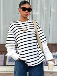 Autumn/Winter New Women's Round Neck Striped Loose Fit 2 In 1 T-Shirt - White - View 6