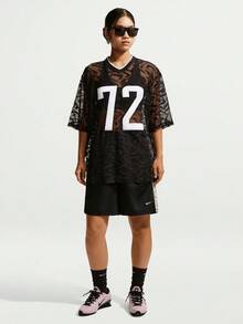 Nike Women's AS W NK CHILL WVN LACE JERSEY Short Sleeve T-Shirt Knit Collarless Short TIM8388-010 - Black - View 6