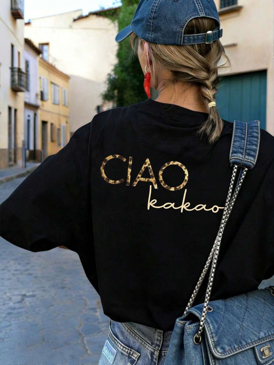 Neues minimalistisches Damen-T-Shirt für den Sommer mit Leopardenmuster und Buchstabenprint, lässig, schwarzes Kurzarm-Top mit Rundhalsausschnitt, vielseitig kombinierbar - Schwarz - Übersicht 1