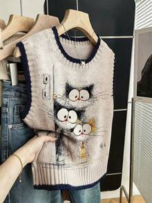 Rompi Rajut Wanita Gaya Bohemian Motif Kucing Lucu, Tank Top Rajut Berusuk Leher Bulat Tanpa Lengan, Elastisitas Sedang, Atasan untuk Musim Gugur dan Bepergian - Aprikot - View 2