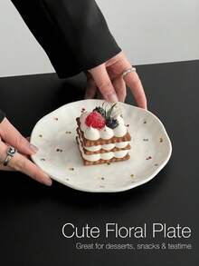 1pc Asymmetrical Hand-Pinched Ruffled Ceramic Dessert Plate, Multiple Floral Swallow Heart Designs, Dessert Plate For Home Afternoon Tea Coffee Cup Tray, High Aesthetic Gift Tableware - Multicolor - View 15