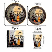 10/20/50/80pcs Halloween Horror Party Tableware Set, Haunted House Witch Flying Pumpkin Layered Paper Plates Cups Napkins, Halloween Disposable Plates, Pumpkin Lantern, Witch, Castle And Spider Web Pattern, Halloween Trick Or Treat Horror Decoration Supplies - View 12