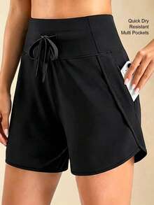Women's Quick-Dry High Waist Sports Shorts, 5-Inch Activewear Running Fitness Cycling Shorts With Pockets, Lightweight Outdoor Workout Yoga Essential For Summer - Black - View 1