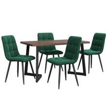 طقم طاولة الطعام (5 قطع)، طاولة طعام مع 4 كراسي، طقم طاولة مطبخ حديث، طاولة مطبخ بنقشة الخشب مع أرجل معدنية سوداء، سطح طاولة من MDF بلون الجوز، كراسي طعام من المخمل الأخضر الداكن - اللون الطبيعي - مشاهدة 3